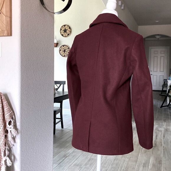 Old Navy Burgundy Wool Blend Pea Coat Pockets Collar S - Picture 4 of 10